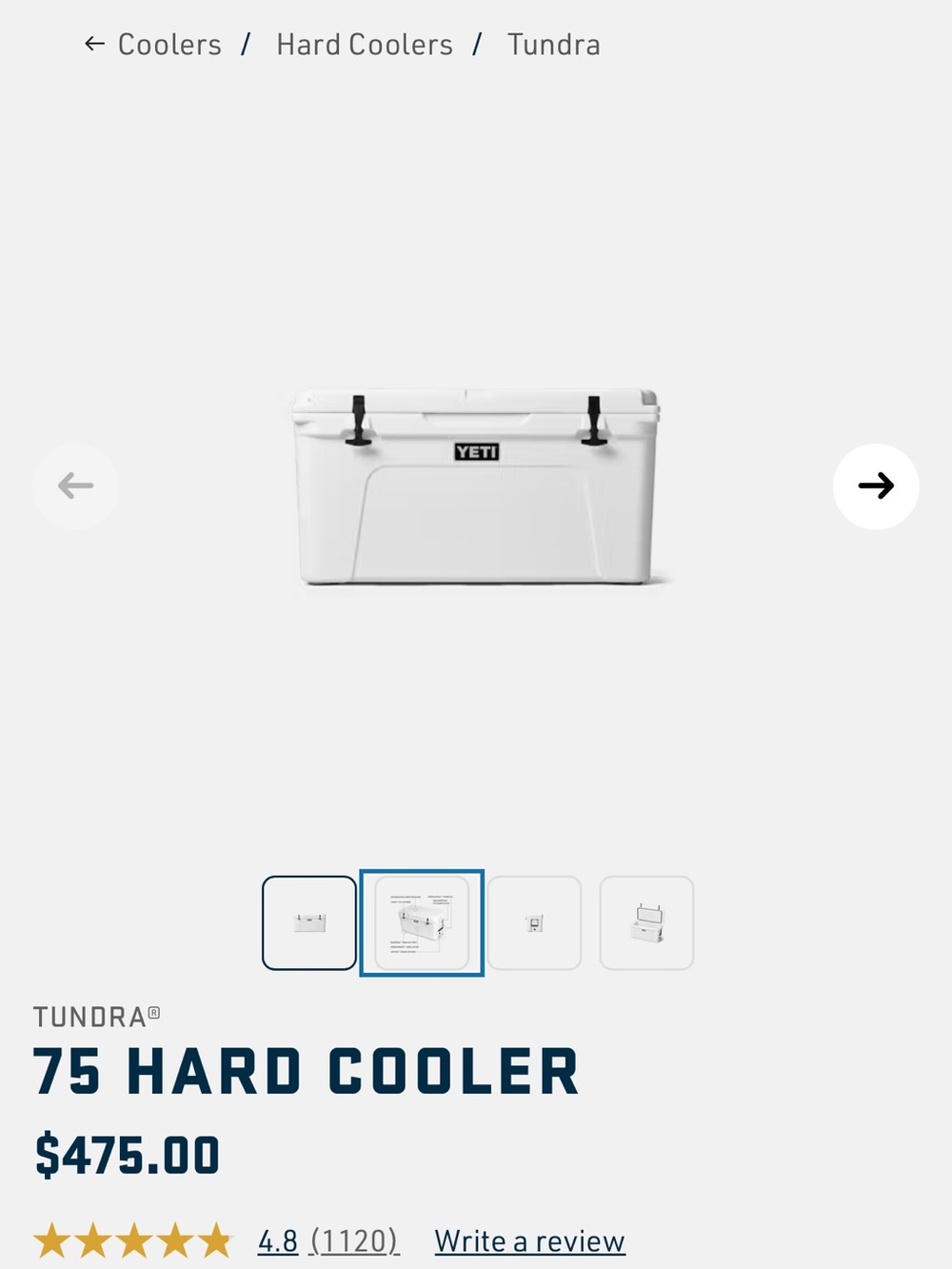 YETI Tundra 75 Hard Cooler - White